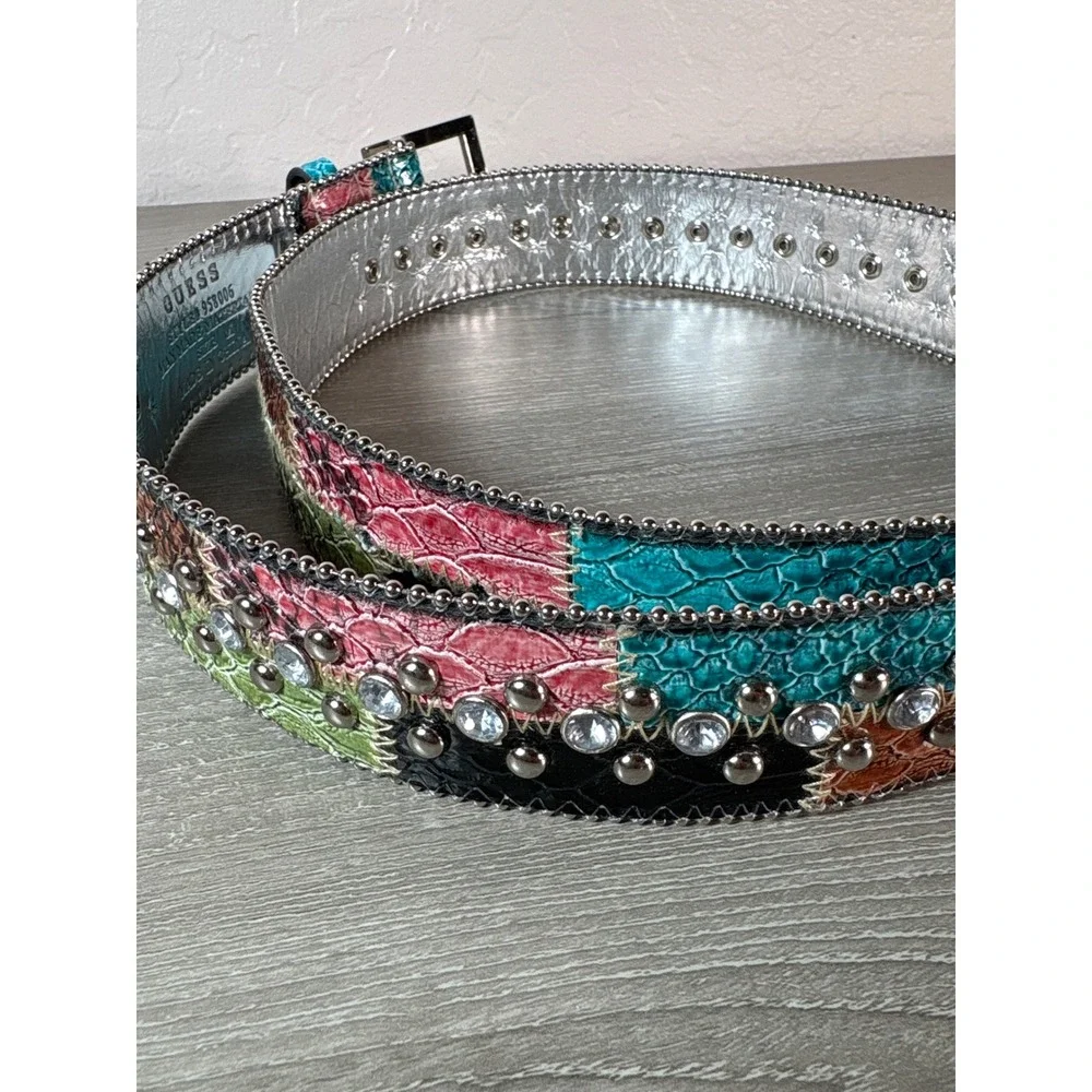 Guess Womens Y2K Patchwork Faux Snakeskin‎ Studded Rhinestone Belt Multi Color M